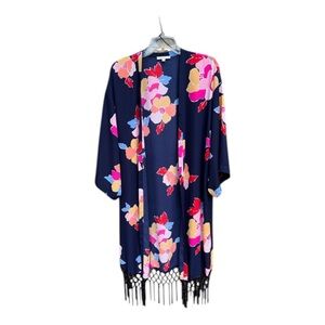 Skies Are Blue Women’s Floral Kimono with Fringe Navy/Pink/Red SZ OS